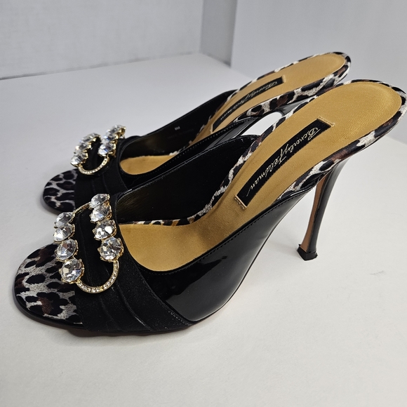 Beverly Feldman Black Peep Toe Heels Open Back 8M Rhinestones Kitten Heel - Picture 3 of 17